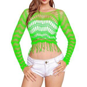 🆕 Women Green Fishnet Crop Top Babydoll Chemise Lingerie Tassels Stretchy Nylon